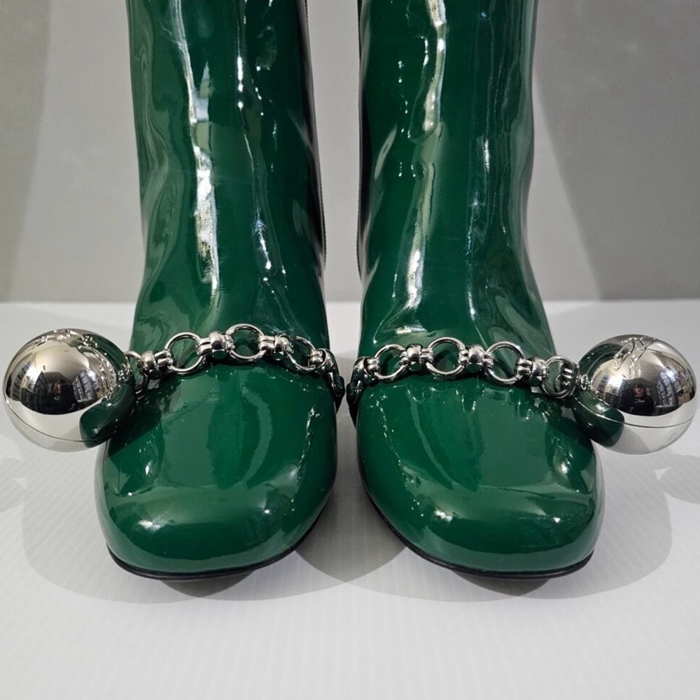 Long Champ Green Patent Heeled Boots with Silver Chain - Picture 4 of 5